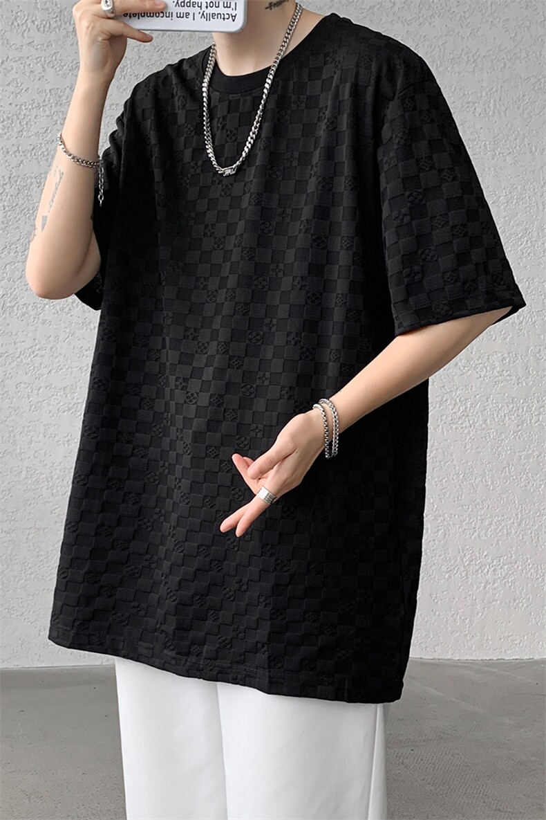 8XL-M特大码短袖男夏季港风棋盘格子T恤冰丝半截五分袖DX323P35,男装T恤,电商D206-1