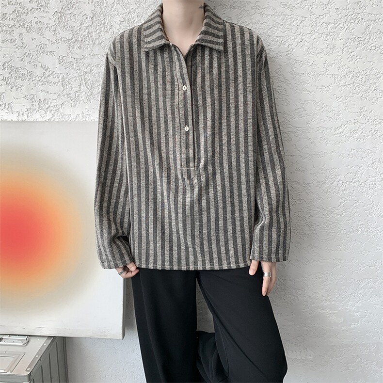 S-3XL复古条纹半开领长袖衬衫上衣宽松慵懒休闲衬衣男CS534P48，男装衬衫，电商D206-1