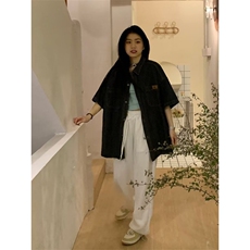 牛仔布日常翻领潮流男气质衬衫青春流行日系五分袖新款夏季宽松型，男装T恤，星座506A