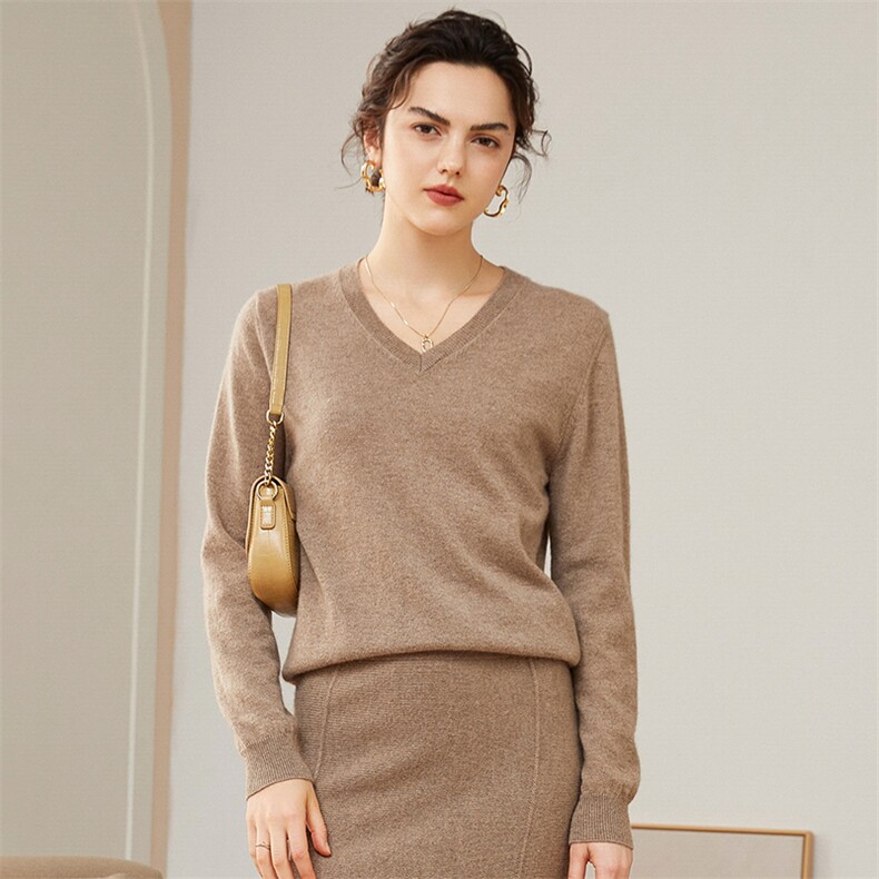 优雅气质V领纯色羊绒衫长袖百搭显瘦保暖毛衣,女装羊绒衫,暖思纯羊绒