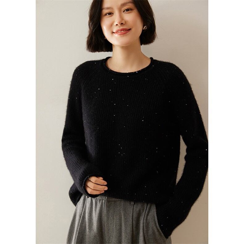 秋冬卷边圆领山羊绒衫女简约通勤长袖套头毛衣打底毛衣针织衫内搭,女装羊绒衫,绒创羊绒