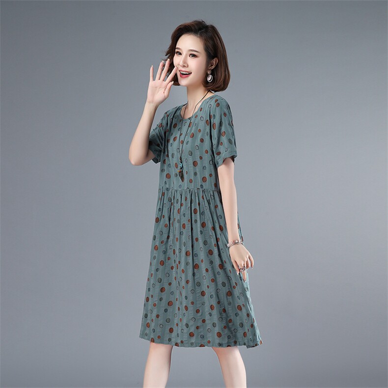2021年夏季通勤韩版中长款A字裙圆领印花圆点套头40-49周岁裙子,女装连衣裙,伊满意