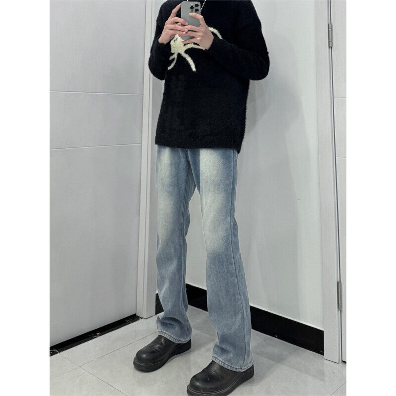 cleanfit裤子高街潮牌水洗微喇叭牛仔裤修身直筒痞帅长裤图片