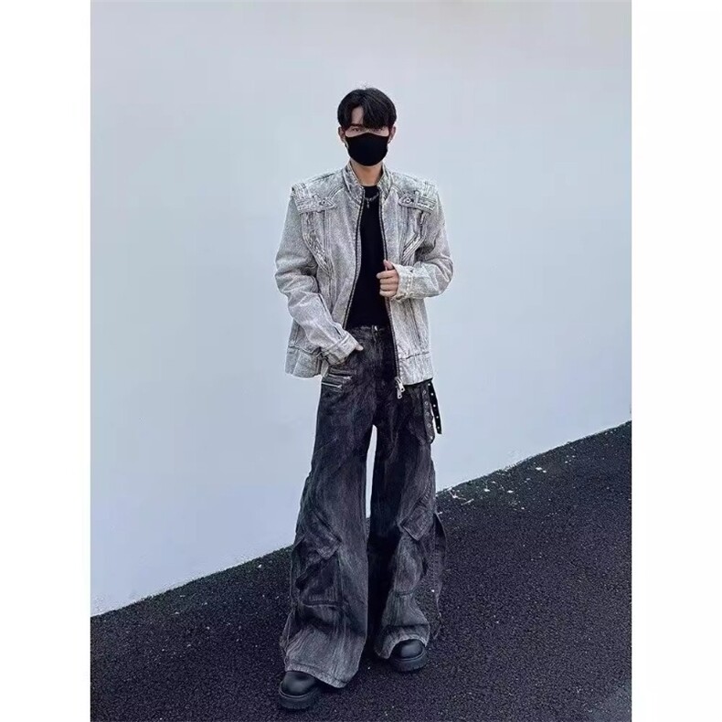 JK8636-P70美拉德复古重磅解构机车水洗短款牛仔外套男秋季,男装工装外套,电商B323A