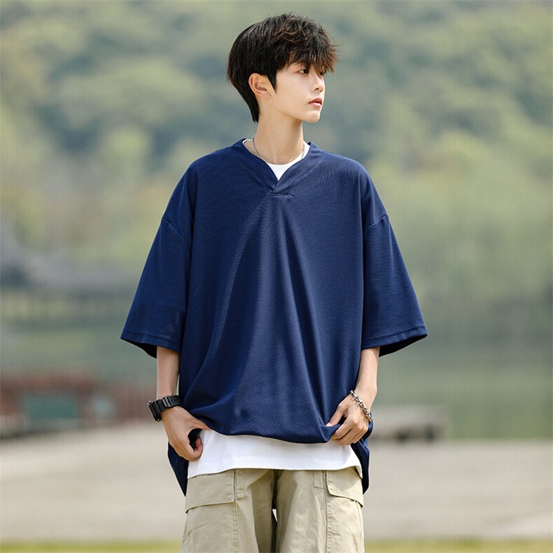 8XL-M短袖t恤男款夏季薄款垂感小V领七分袖加肥加大码DT005特P20,男装T恤,电商B312