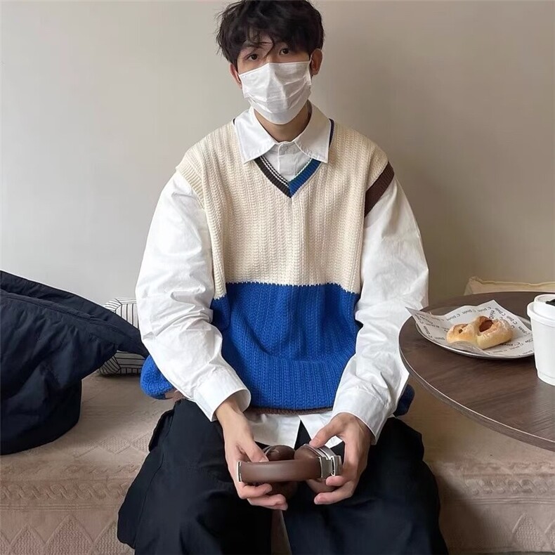 3130-P44 无袖v领针织背心男春秋款外穿马甲ins原宿风撞色日系图片