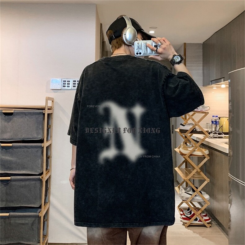 DSA028-SXDT2305P32重磅蜡染克美式复古水洗潮牌印花短袖男,男装T恤,电商A028