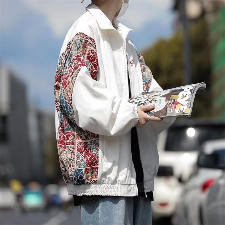 春秋新款潮牌风拼接立领夹克男复古街头宽松情侣百搭休闲外套,男装夹克,星座716-2