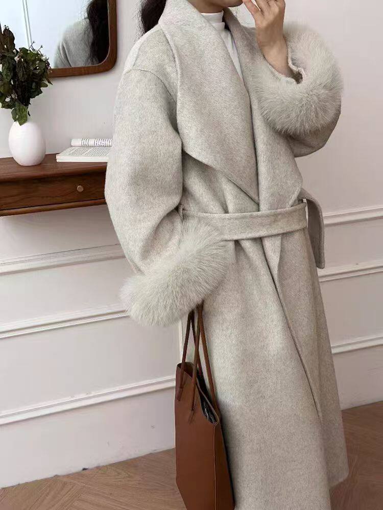 双面羊毛大衣女秋冬款韩系留洋千金中长款环保绒毛袖口,女装毛呢外套,宸诺服饰