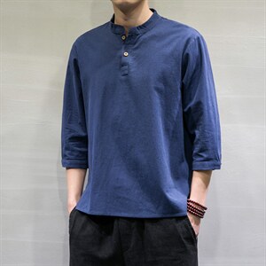 春夏风宽松大码棉麻七分短袖男汉服t恤DSA008/T064/P45图片