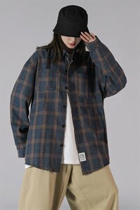 2021秋季新中性风蒙马特港风日系休闲大码男格子衬衫C508-P40图片