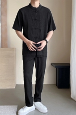 新中式盘扣休闲套装风褶皱轻薄透气T恤立领短袖两件套TZ312，男装T恤，星座305A（原312A-1）