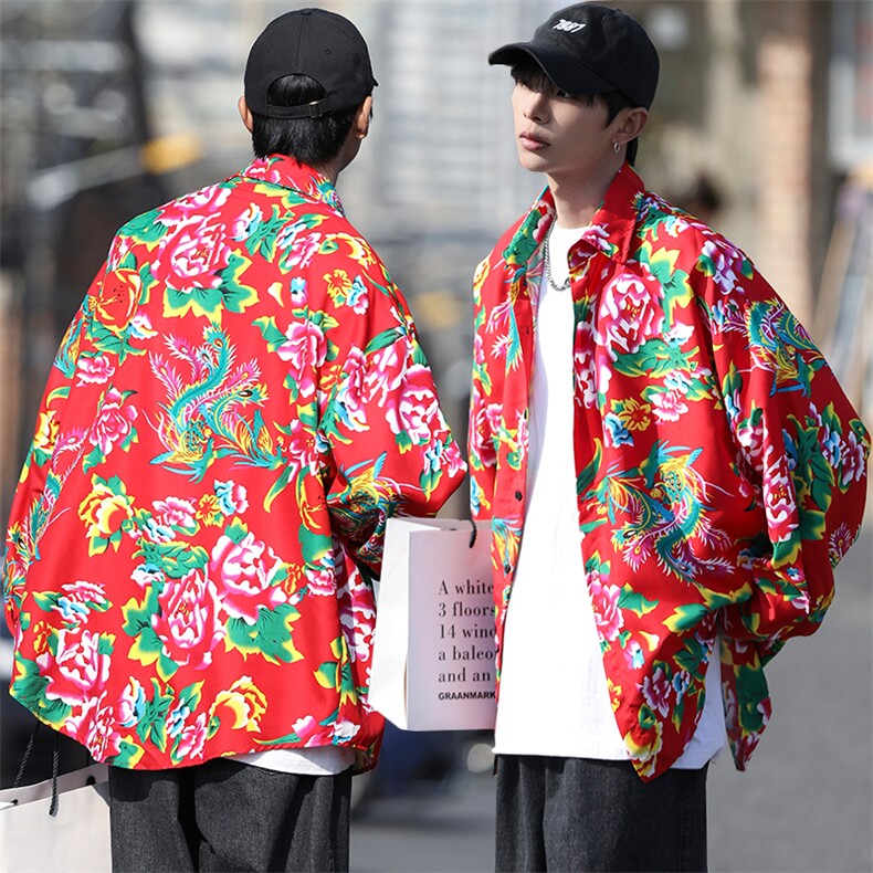 C203秋长袖男士宽松东北大花港风衬衣外套民族特色牡丹花衬衣，男装衬衫，星座115A(原星座507）