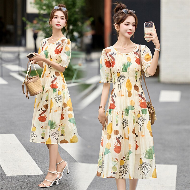 2025夏季新款时尚印花休闲韩系花朵亚麻天丝短袖连衣裙女中长裙子,女装连衣裙,布芭啦