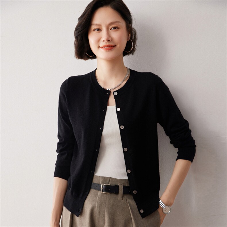 秋冬新款洋气时尚百搭显瘦女款圆领35%山羊绒开衫,女装羊绒衫,艾巧羊绒