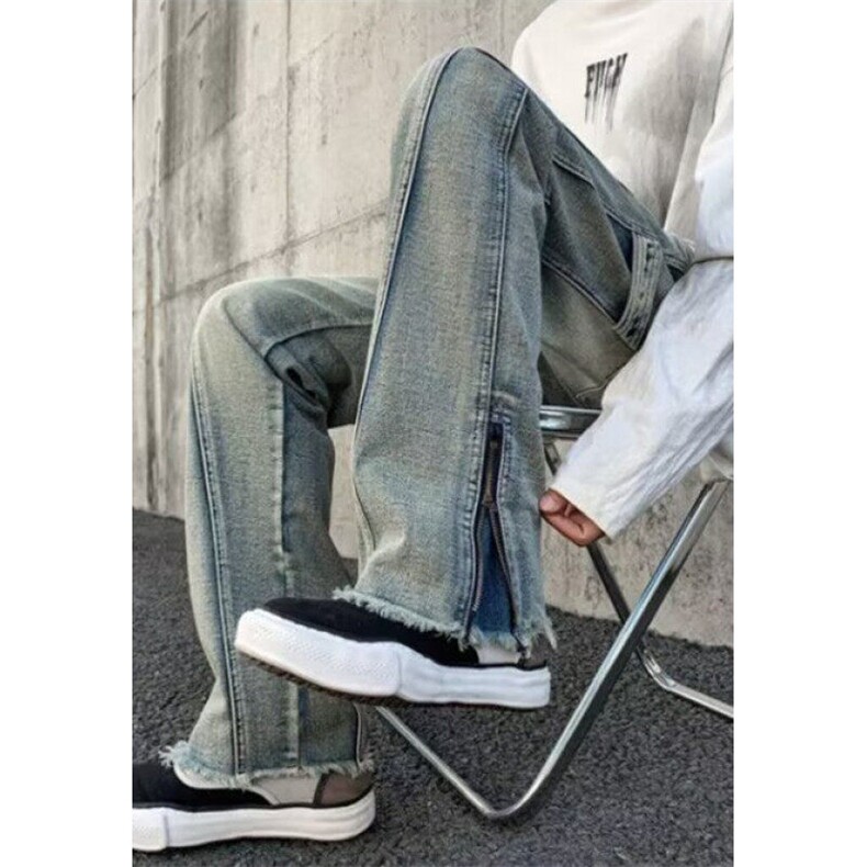 美式高街vibe拉链开叉水洗做旧微喇纯色直筒宽松牛仔裤NA530,男装牛仔裤,星座1116A（原606A-3）