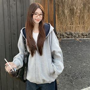 抖音得物二开美式高街重磅结构双层撞色连帽卫衣开衫外套W116图片