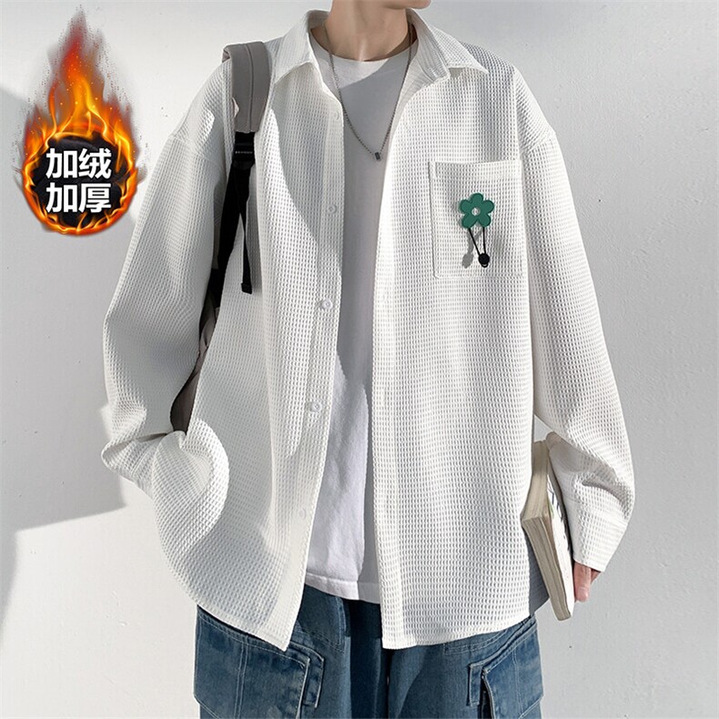 冬款华夫格港风大码翻领男潮流加绒加厚衬衣外套C2263J加绒-P65，男装衬衫，电商A001