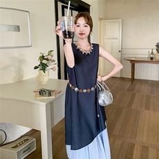 假两件拼接无袖连衣裙女2025夏季新款法式高级感气质显瘦背心长裙，女装连衣裙，2C098