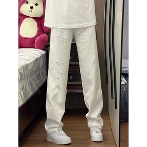 ！美式高街极简纯色磨破牛仔裤图片