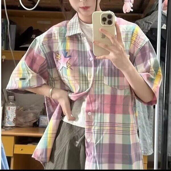 美式彩虹色格子半袖衬衫女宽松百搭多巴胺穿搭情侣短袖潮,男装衬衫,星座506A