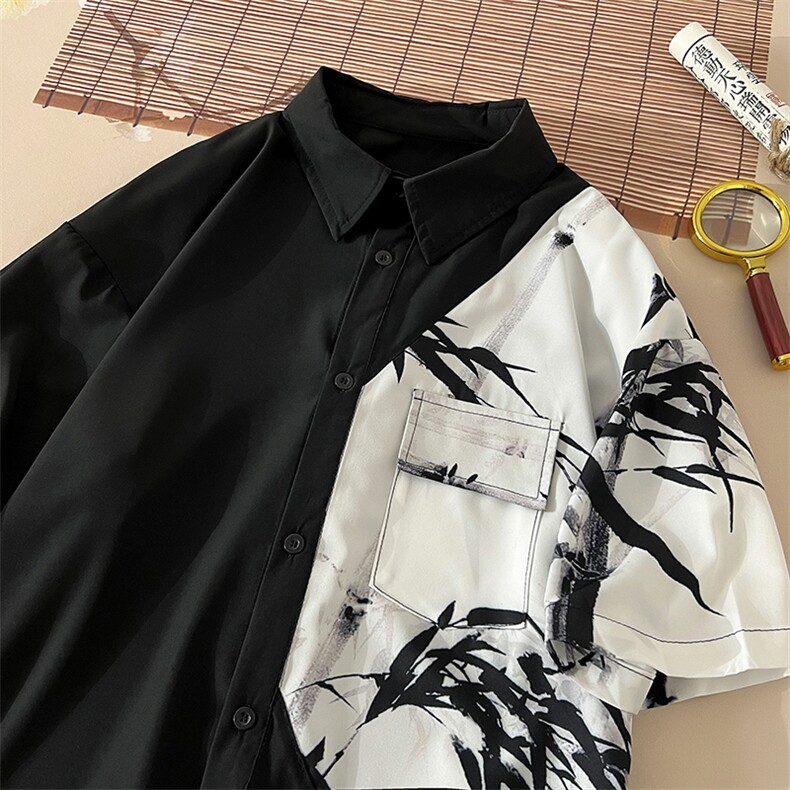 特批P25无差价夏季新中式冰丝凉感水墨画大码五分袖衬衣男CD2292,男装衬衫,电商A001-1