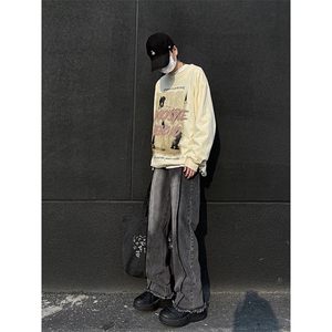 美式ins高街hiphop重工艺水洗毛边牛仔裤货号K712P65图片