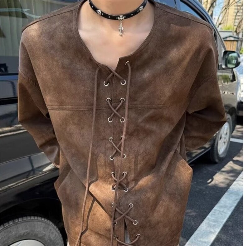 抽绳对襟皮衣外套男春秋季美拉德夹克小众痞帅上衣服JKW34图片