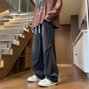 复古设计小众牛仔裤男宽松抽绳微喇美式复古高街牛仔裤子NZ006P40图片