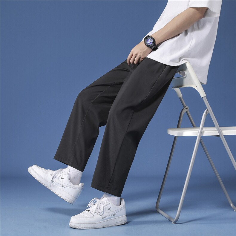 夏季裤子男款潮牌宽松直筒九分裤百搭冰丝休闲长裤薄垂感阔腿裤男，男装休闲裤，电商A099