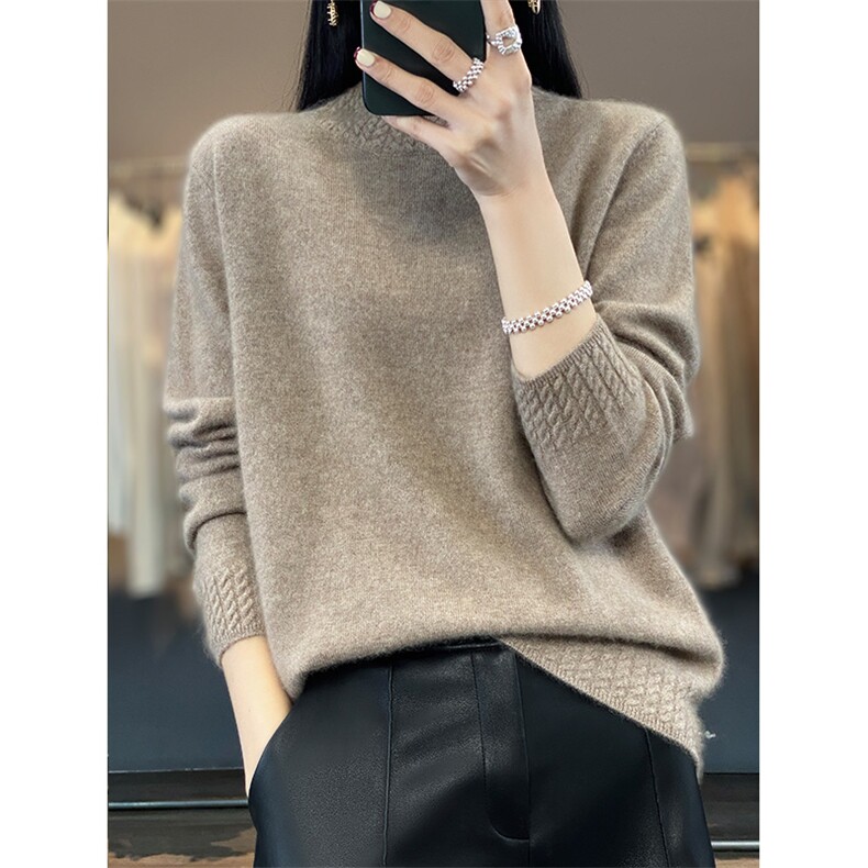 秋冬新款宽松显瘦百搭简约绞花纹半高领羊毛衫,女装羊毛衫,吉高羊绒