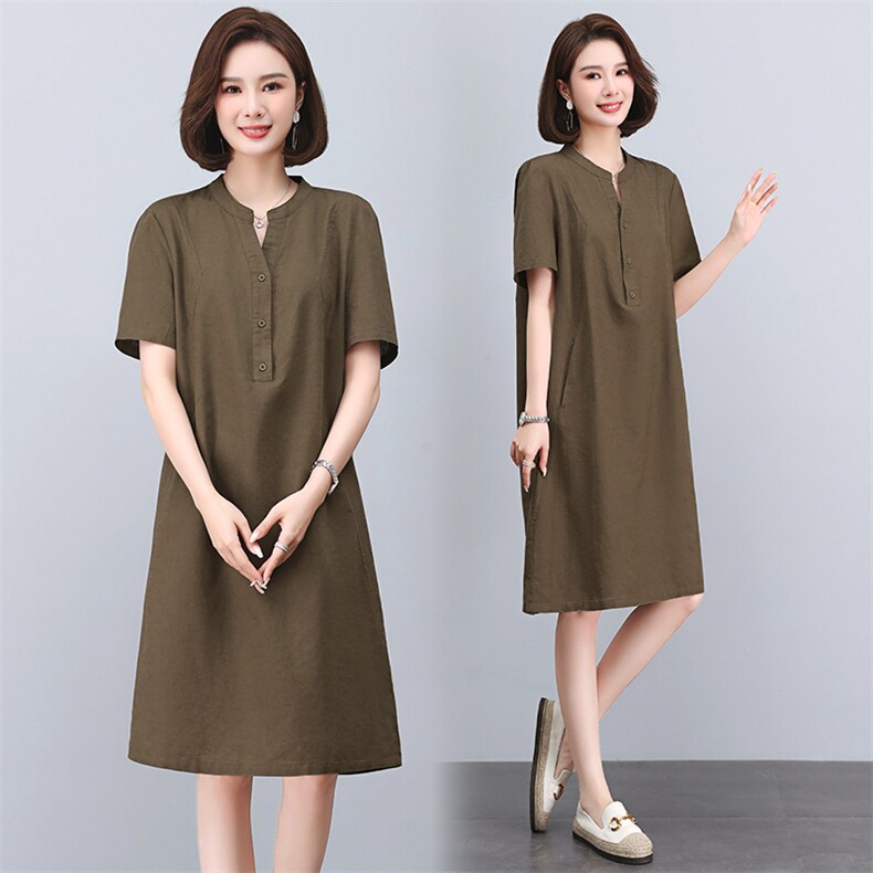 时尚显瘦棉麻立领连衣裙夏季新款宽松大码女装裙子,女装连衣裙,文熹诺