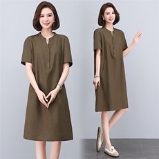 时尚显瘦棉麻立领连衣裙夏季新款宽松大码女装裙子，女装连衣裙，文熹诺