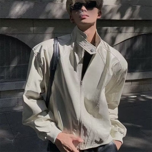 复古PU皮机车夹克男士短款早秋季宽松廓形宽垫肩立领皮衣工装外套图片