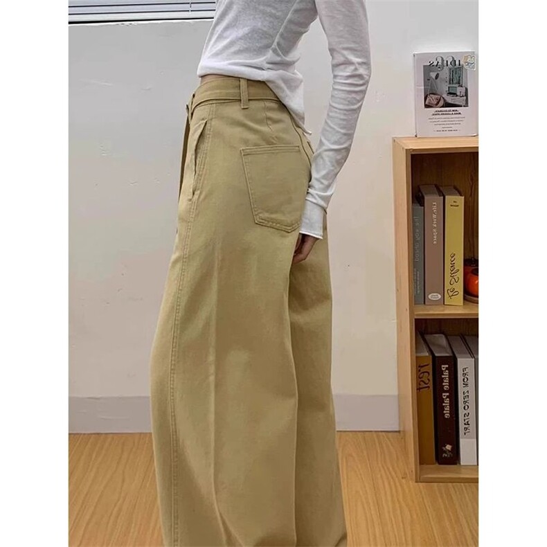 卡其色腰带阔腿弯刀牛仔裤女复古港风慵懒休闲百搭拖地裤长裤,男装牛仔裤,星座506A