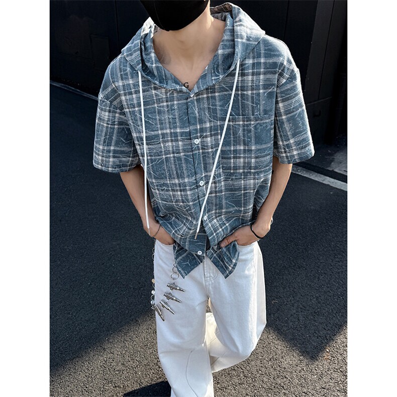 特批P32无差价夏季港风高级感格子连帽短袖衬衫男宽松外套CD5478,男装衬衫,电商A001