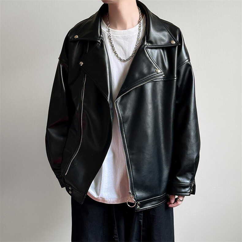 现货-春装皮衣外套男翻领休闲皮夹克潮牌PU机车服A506P90加绒100，男装夹克，电商A351