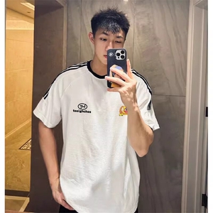 夏季美式高街重磅纯棉三条杠织带撞色男女短袖T恤ZD613-特P30图片