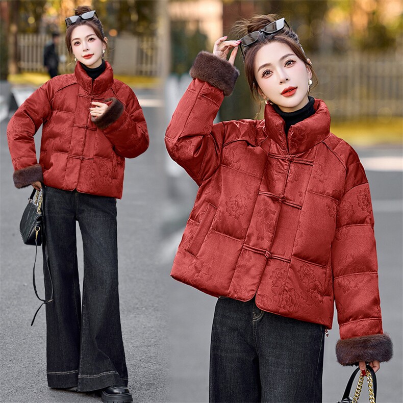 新中式国风短款羽绒服女2024冬新款减龄漂亮洋气黄色盘扣保暖外套,女装羽绒服,伊仟回