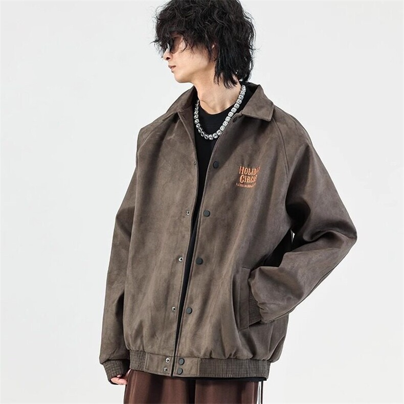 W9223-P58 网图现货 春季新款美式鹿皮绒翻领棒球服夹克外套图片