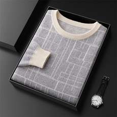 2025秋冬百搭时尚简约撞色提花线条格纹针织衫，男装羊绒套衫，盛欣羊绒