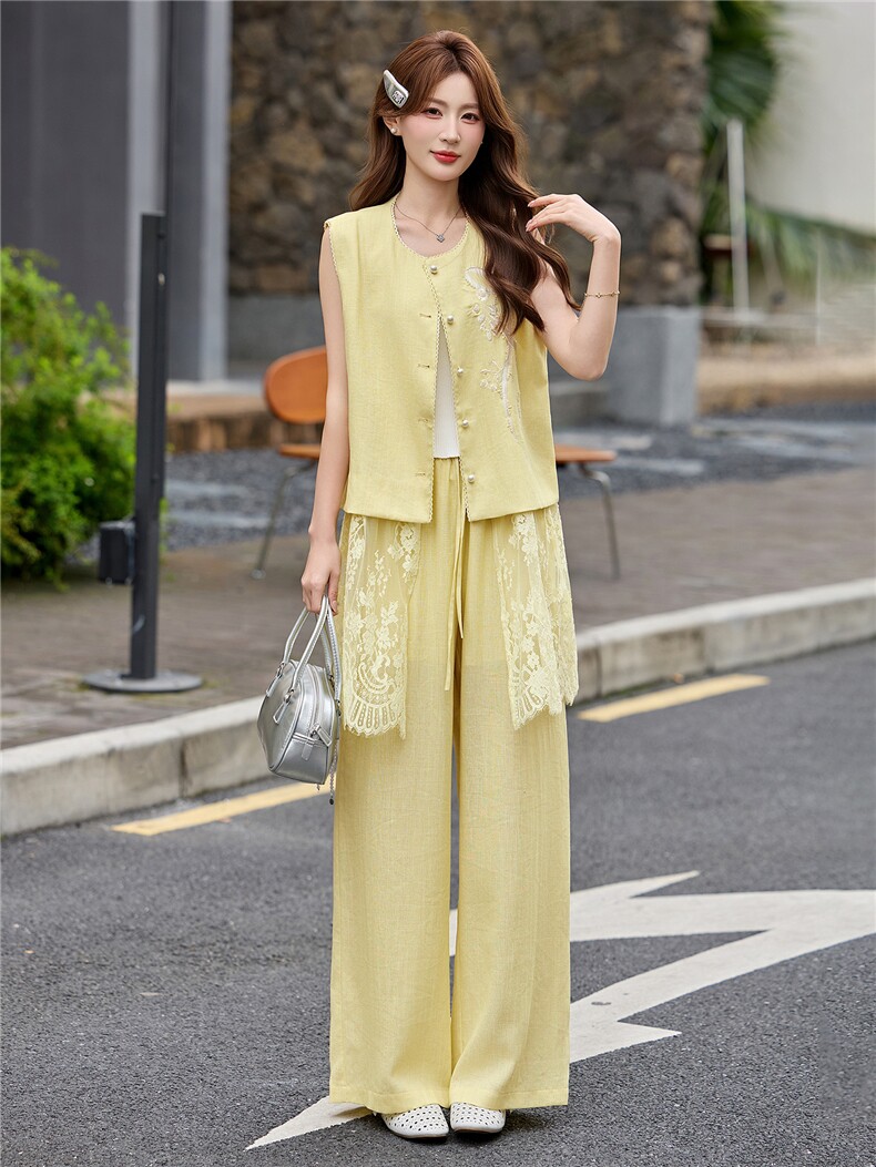 老钱风无袖蕾丝刺绣马甲阔腿裤两件套女2026夏季新款松弛感套装,女装套装/套裙,伊仟回