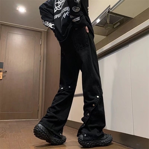 黑色阔腿微喇牛仔裤男春秋美式高街宽松直筒排扣时尚裤街头休闲裤图片