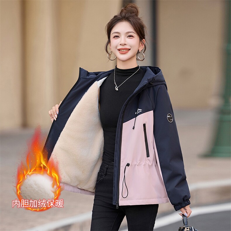加绒外套女2025秋冬新款巨好看的韩系休闲百搭短款宽松撞色冲锋衣,女装棉衣/棉服,以桐
