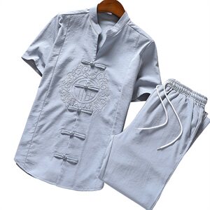 中国风短袖T恤男亚麻套装棉麻唐装汉服复古休闲潮两件套TZ027-P50图片
