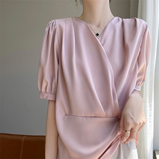 交叉v领衬衫女高级感御姐风2025夏季新款缎面衬衣职业长袖上衣，女装衬衫，素语电商供货