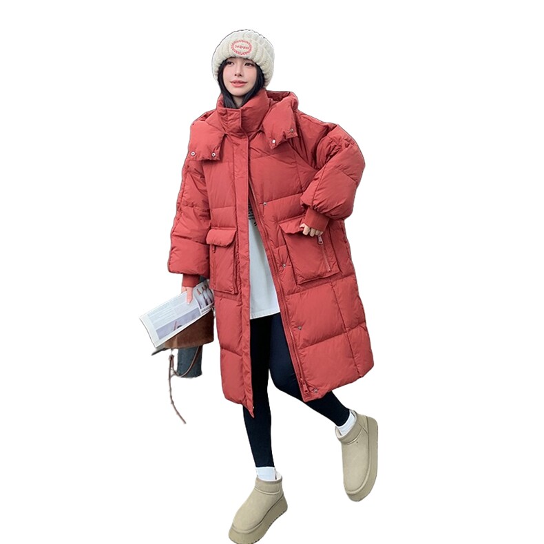新款红色连帽羽绒服女冬2025新款韩系高级感中长款厚外套,女装羽绒服,2C177