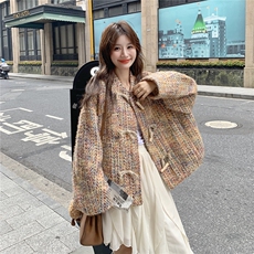 小香风编织牛角扣外套女2025秋冬新款法式漂亮宽松小个子圆领大衣，女装短外套，2D078