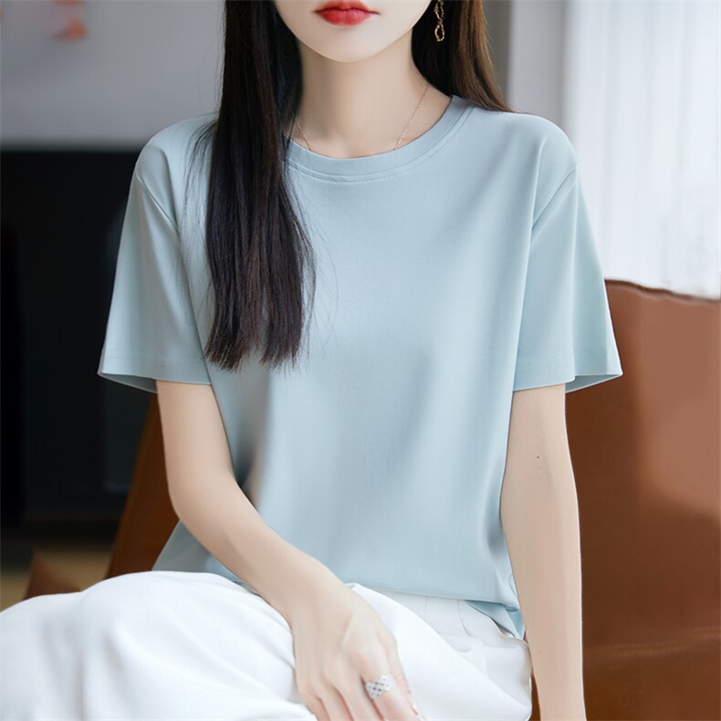 夏季新款简约圆领短袖女宽松百搭显瘦时尚休闲上衣,女装T恤,羊秋羊绒