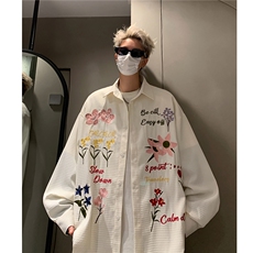 2024美式复古华夫格彩色花卉刺绣长袖衬衫情侣上衣男女H980P78，男装衬衫，电商A341